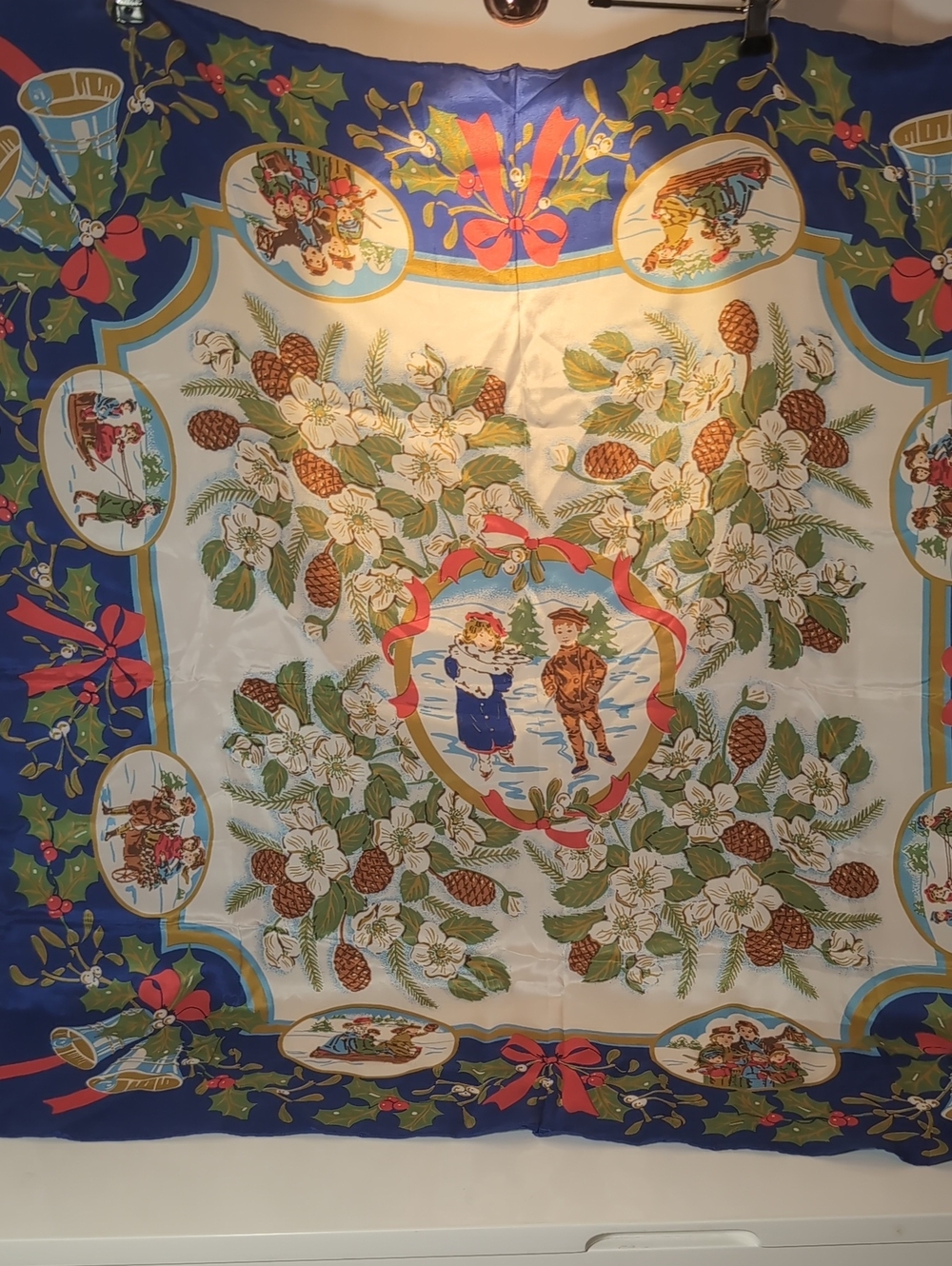 Vntg 100% Silk Square Scarf with Holiday Design, 1992 Old Fashioned